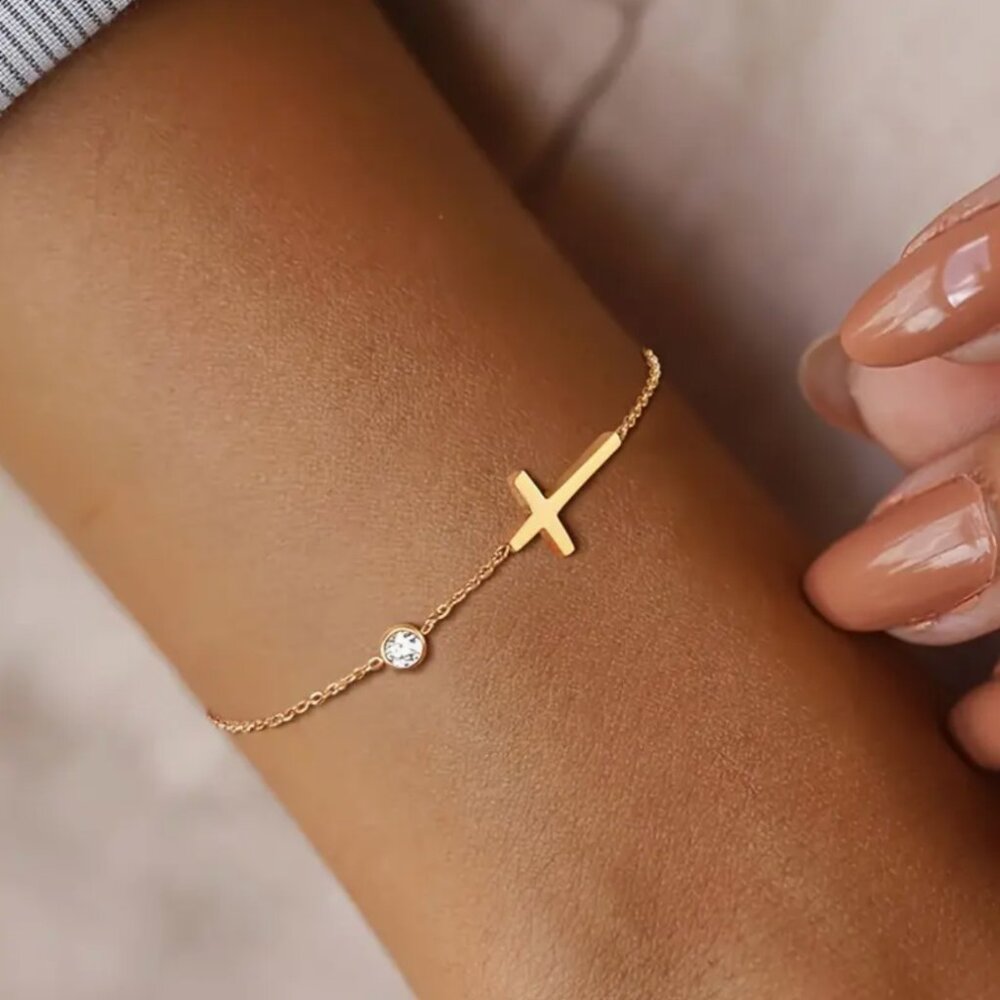 Callie Lives Christian Cross Stainless Steel Gold Tone Diamond Drop Bracelet - Picture 3 of 3